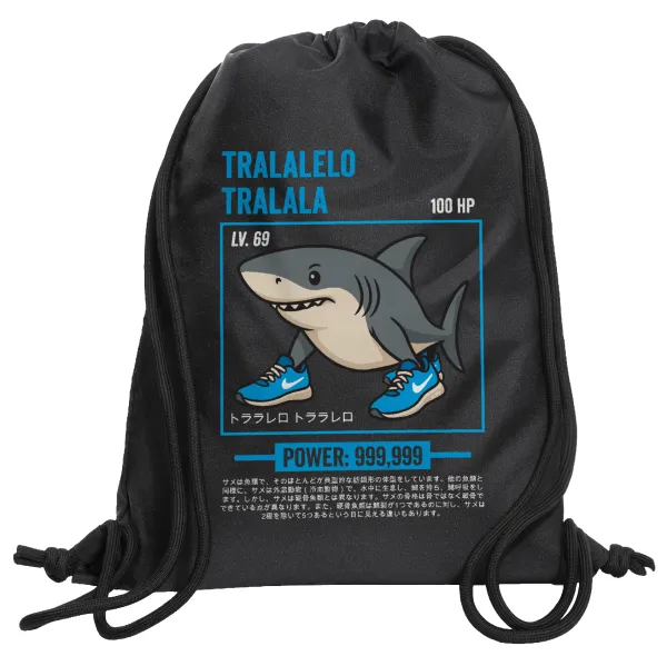Tralalero Tralala — Τσάντα πλάτης πουγκί GYMBAG Μαύρη, με τσέπη (40x48cm) & χονδρά κορδόνια