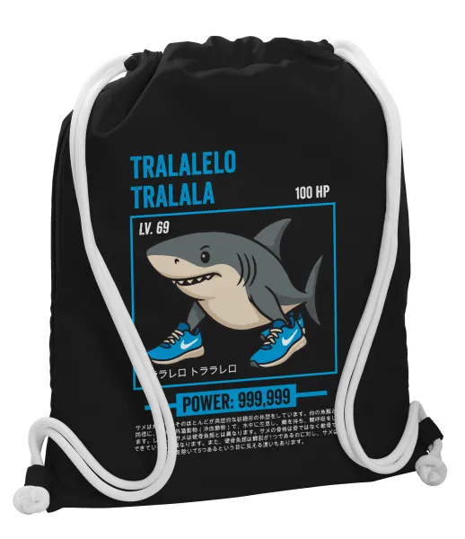 Tralalero Tralala — Backpack pouch GYMBAG Black, with pocket (40x48cm) & thick white cords