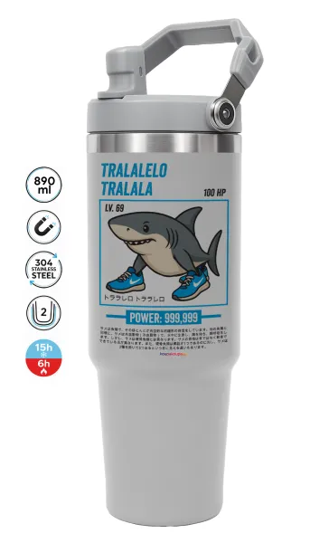 Tralalero Tralala — ΓΚΡΙ Travel Tumbler Θερμός με χερούλι και καλαμάκι 890ml