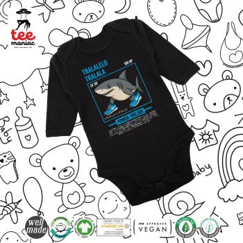 Tralalero Tralala, Μακρυμάνικο βρεφικό φορμάκι, 0-18 μηνών, ΜΑΥΡΟ, 100% Organic Cotton