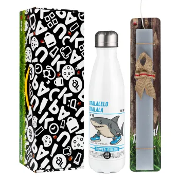 Tralalero Tralala, Easter candle, metallic white thermos bottle (500ml) & aromatic flat candle (30cm) (GRAY)