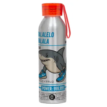 Tralalero Tralala, Αλουμινένιο Αθλητικό Μπουκάλι 650ml – Ασημί με Κόκκινο Καπάκι και Λουράκι Σιλικόνης