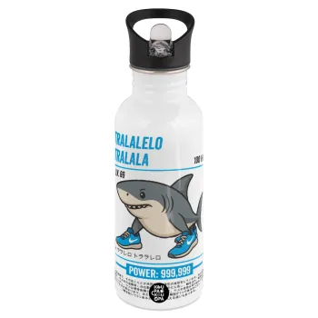 Tralalero Tralala, White water bottle with straw, stainless steel 600ml