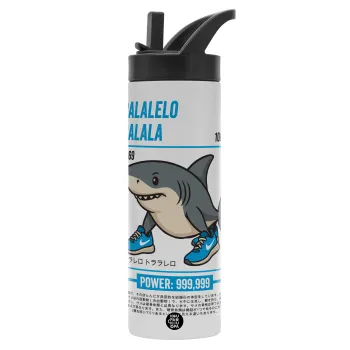 Tralalero Tralala, Μεταλλικό παγούρι θερμός με καλαμάκι & χειρολαβή, ανοξείδωτο ατσάλι (Stainless steel 304), διπλού τοιχώματος, 600ml