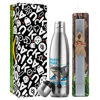Tralalero Tralala, Easter Set, metallic stainless thermos flask (500ml) & scented flat Easter candle (30cm) (GRAY)