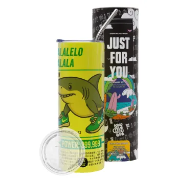 Tralalero Tralala, Neon Yellow Travel Tumbler θερμό, μεταλλικό καλαμάκι(Ανωξείδωτο 304 Food grade, BPA free, 600ml)