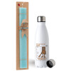 Easter Set, metallic stainless steel water bottle (750ml) & aromatic flat Easter candle (30cm) (TURQUOISE)