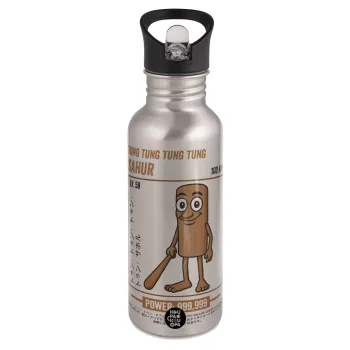 Tung Tung Tung Sahur, Water bottle Silver with straw, stainless steel 600ml