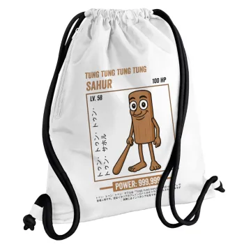 Tung Tung Tung Sahur, Backpack pouch GYMBAG white, with pocket (40x48cm) & thick cords