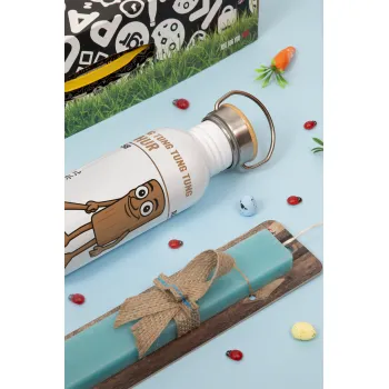Tung Tung Tung Sahur, Easter Set, metallic silver aluminum water bottle (500ml) & scented flat Easter candle (30cm) (TURQUOISE)
