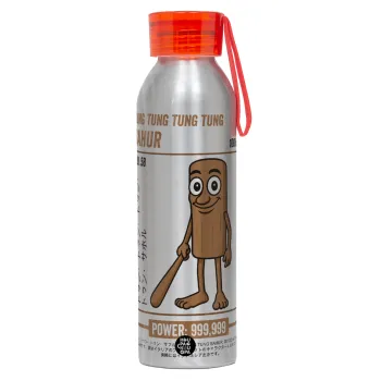 Tung Tung Tung Sahur, Αλουμινένιο Αθλητικό Μπουκάλι 650ml – Ασημί με Κόκκινο Καπάκι και Λουράκι Σιλικόνης