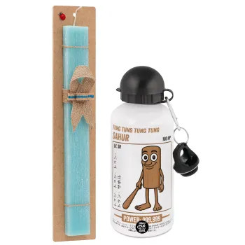 Tung Tung Tung Sahur, Easter Set, metallic aluminum water bottle (500ml) & scented flat candle (30cm) (TURQUOISE)