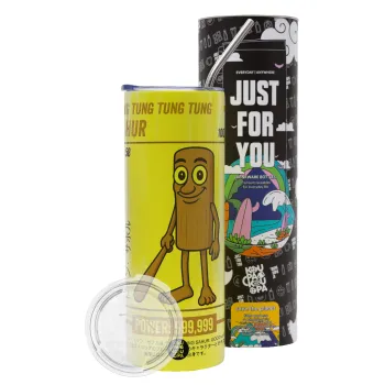 Tung Tung Tung Sahur, Neon Yellow Travel Tumbler θερμό, μεταλλικό καλαμάκι(Ανωξείδωτο 304 Food grade, BPA free, 600ml)