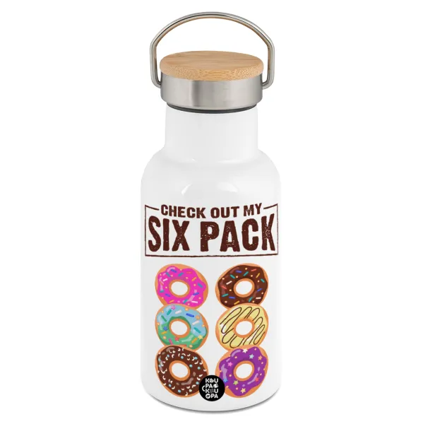 Check Out My Six Pack — Metallic thermos (Stainless steel) White with wooden lid (bamboo), double-walled, 350ml