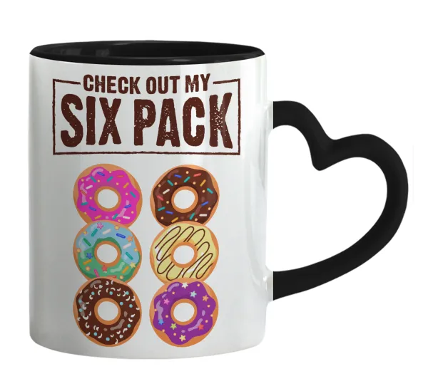 Check Out My Six Pack — Κούπα καρδιά χερούλι μαύρη, κεραμική, 330ml