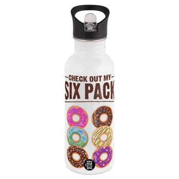 Check Out My Six Pack, Παγούρι νερού Λευκό με καλαμάκι, ανοξείδωτο ατσάλι 600ml