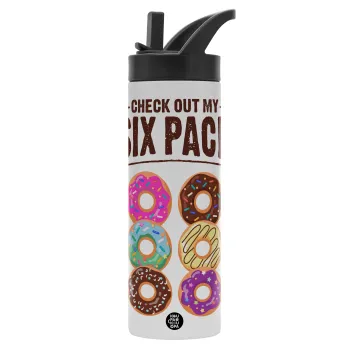 Check Out My Six Pack, Μεταλλικό παγούρι θερμός με καλαμάκι & χειρολαβή, ανοξείδωτο ατσάλι (Stainless steel 304), διπλού τοιχώματος, 600ml