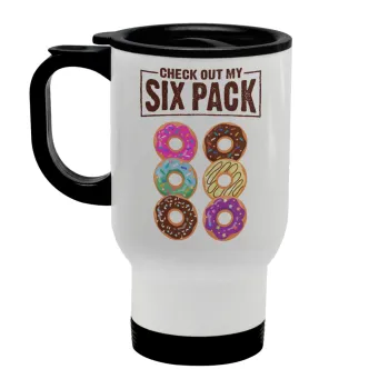 Check Out My Six Pack, Stainless steel travel mug with lid, double wall white 450ml
