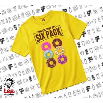 Check Out My Six Pack, yellow childrens T-Shirt made of 100% cotton, for every day. Vegan & OEKO-TEX certified.