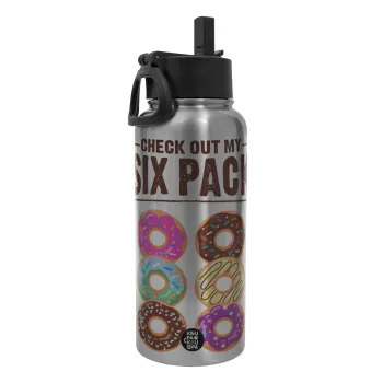 Check Out My Six Pack, Μεταλλικό παγούρι θερμός Silver με καλαμάκι και χερούλι (Stainless steel), διπλού τοιχώματος, 950ml