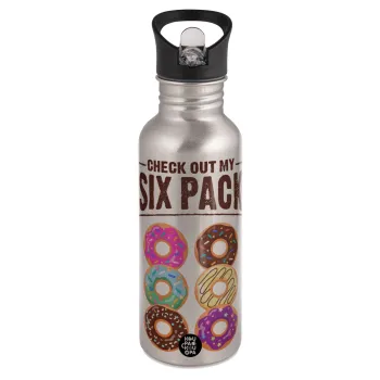 Check Out My Six Pack, Water bottle Silver with straw, stainless steel 600ml
