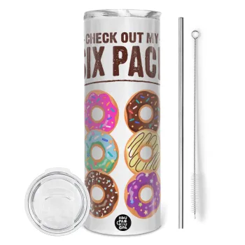 Check Out My Six Pack, Tumbler ποτήρι θερμό από ανοξείδωτο ατσάλι 600ml, με μεταλλικό καλαμάκι & βούρτσα καθαρισμού