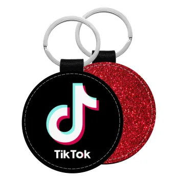 tik tok black, Μπρελόκ Δερματίνη, στρογγυλό ΚΟΚΚΙΝΟ (5cm)