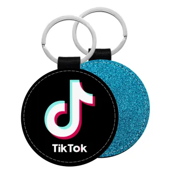tik tok black, Μπρελόκ Δερματίνη, στρογγυλό ΜΠΛΕ (5cm)