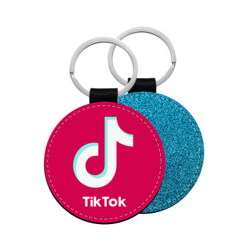 tik tok pink, Μπρελόκ Δερματίνη, στρογγυλό ΜΠΛΕ (5cm)