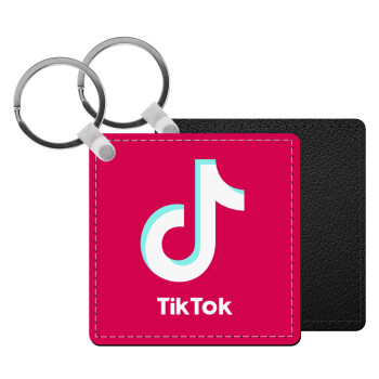 tik tok pink, Μπρελόκ Δερματίνη, τετράγωνο ΜΑΥΡΟ (5x5cm)