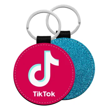 tik tok pink, Μπρελόκ Δερματίνη, στρογγυλό ΜΠΛΕ (5cm)