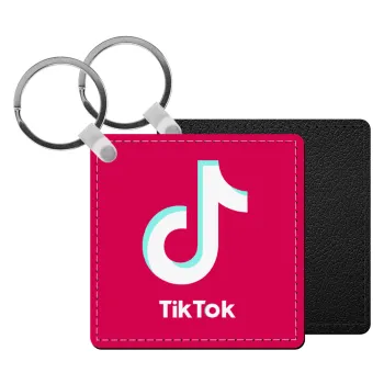 tik tok pink, Μπρελόκ Δερματίνη, τετράγωνο ΜΑΥΡΟ (5x5cm)