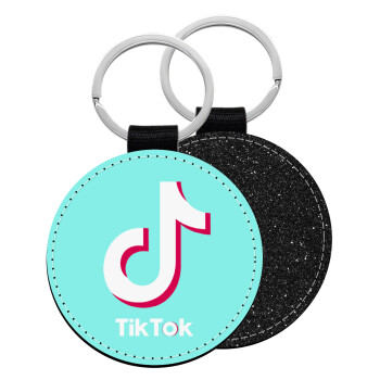 tik tok blue, Μπρελόκ Δερματίνη, στρογγυλό ΜΑΥΡΟ (5cm)