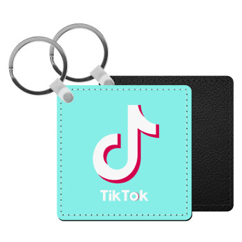 tik tok blue, Μπρελόκ Δερματίνη, τετράγωνο ΜΑΥΡΟ (5x5cm)