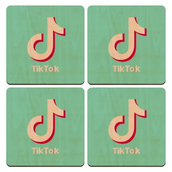 tik tok blue, ΣΕΤ x4 Σουβέρ ξύλινα τετράγωνα plywood (9cm)