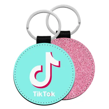 tik tok blue, Μπρελόκ Δερματίνη, στρογγυλό ΡΟΖ (5cm)