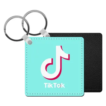 tik tok blue, Μπρελόκ Δερματίνη, τετράγωνο ΜΑΥΡΟ (5x5cm)