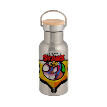 Brawl Stars El primo, Μεταλλικό παγούρι θερμός (Stainless steel) Ασημένιο με ξύλινο καπακι (bamboo), διπλού τοιχώματος, 350ml