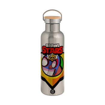 Brawl Stars El primo, Μεταλλικό παγούρι θερμός (Stainless steel) Ασημένιο με ξύλινο καπακι (bamboo), διπλού τοιχώματος, 750ml