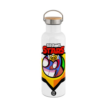 Brawl Stars El primo, Μεταλλικό παγούρι θερμός (Stainless steel) Λευκό με ξύλινο καπάκι (bamboo), διπλού τοιχώματος, 750ml