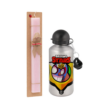 Brawl Stars El primo, Πασχαλινή Λαμπάδα με παγούρι μεταλλικό Ασημένιο αλουμινίου (500ml) & κερί αρωματικό πλακέ (30cm) (ΡΟΖ)