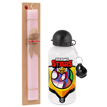 Brawl Stars El primo, Πασχαλινή Λαμπάδα με παγούρι μεταλλικό αλουμινίου (500ml) & κερί αρωματικό πλακέ (30cm) (ΡΟΖ)