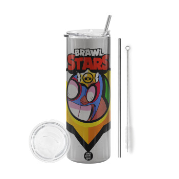 Brawl Stars El primo, Tumbler ποτήρι θερμό Ασημένιο από ανοξείδωτο ατσάλι 600ml, με μεταλλικό καλαμάκι & βούρτσα καθαρισμού