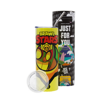 Brawl Stars El primo, Neon Yellow Travel Tumbler θερμό, μεταλλικό καλαμάκι(Ανωξείδωτο 304 Food grade, BPA free, 600ml)