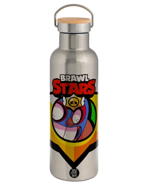 Brawl Stars El primo — Stainless steel Silver with wooden lid (bamboo), double wall, 750ml