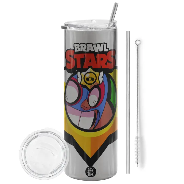Brawl Stars El primo — Tumbler stainless steel Silver 600ml, with metal straw & cleaning brush