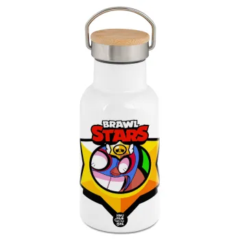 Brawl Stars El primo, Μεταλλικό παγούρι θερμός (Stainless steel) Λευκό με ξύλινο καπακι (bamboo), διπλού τοιχώματος, 350ml