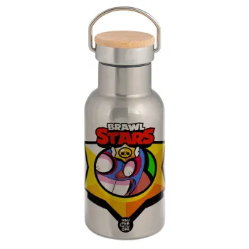 Brawl Stars El primo, Μεταλλικό παγούρι θερμός (Stainless steel) Ασημένιο με ξύλινο καπακι (bamboo), διπλού τοιχώματος, 350ml
