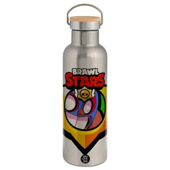 Brawl Stars El primo, Μεταλλικό παγούρι θερμός (Stainless steel) Ασημένιο με ξύλινο καπακι (bamboo), διπλού τοιχώματος, 750ml
