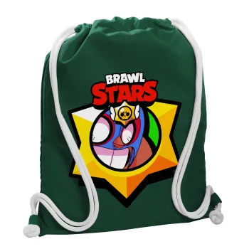 Brawl Stars El primo, Τσάντα πλάτης πουγκί GYMBAG BOTTLE GREEN, με τσέπη (40x48cm) & χονδρά λευκά κορδόνια